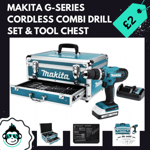 Makita Cordless Combi Drill + 70 Piece Accessory Set + Tool Chest